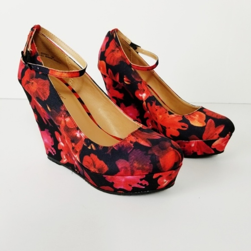 Red, black floral wedges